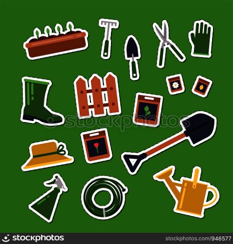 Vector flat gardening icons stickers set illustration. Collection of tools. Vector flat gardening icons stickers set illustration