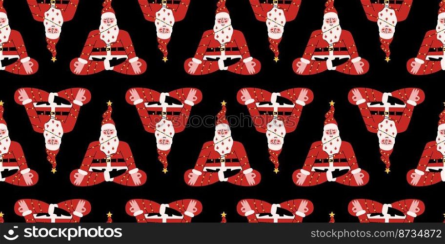Vector flat hand drawn christmas seamless pattern with santa claus meditating