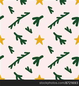 Vector flat hand drawn christmas seamless pattern with stars and brunches