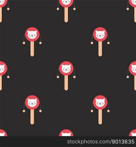 Vector flat hand drawn seamless geometric pattern with rattle drum with cat. Musical toys for children
