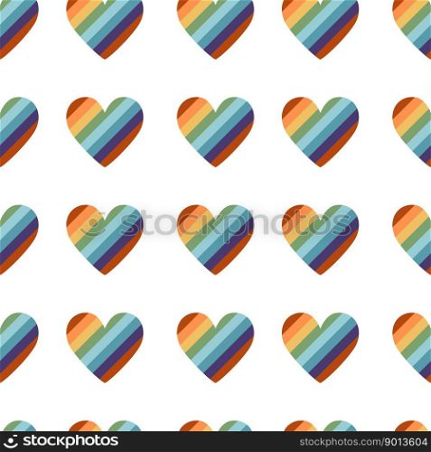Vector flat hand drawn seamless pattern with heart shped  pride lgbt rainbow flag. Flat vector hippy boho illustration. Hand drawn retro groovy elements