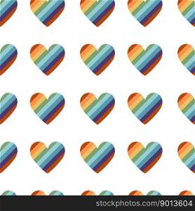 Vector flat hand drawn seamless pattern with heart shped  pride lgbt rainbow flag. Flat vector hippy boho illustration. Hand drawn retro groovy elements