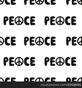 Vector flat hand drawn seamless pattern with peace lettering. Flat vector hippy boho illustration. Hand drawn retro groovy elements 