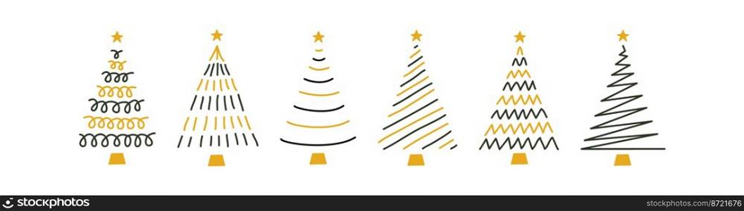 Vector flat hand drawn set of christmas illustrations. Christmas trees isolated on white background