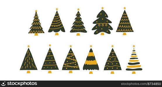 Vector flat hand drawn set of christmas illustrations. Christmas trees isolated on white background