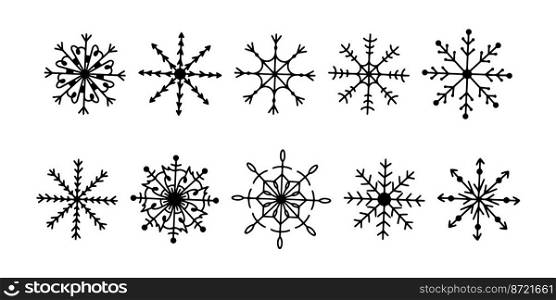 Vector flat hand drawn set of christmas illustrations. Snowflakes isolated on white background