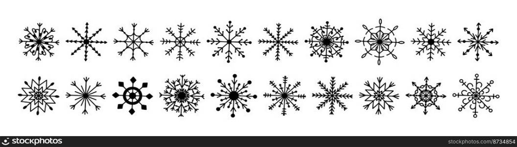 Vector flat hand drawn set of christmas illustrations. Snowflakes isolated on white background