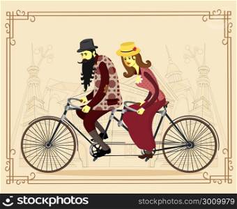 Vector flat happy mature man and woman riding old retro tandem bicycle. Love couple. Valentine&rsquo;s day greeting card. Vector cartoon illustration.