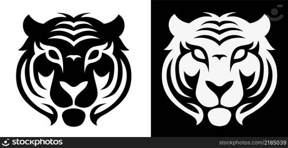 vector flat icon of stylized face of a tiger. abstract black and white graphic design of tiger head