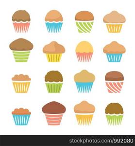 vector flat icons of chocolate and fruit muffins isolated on white background, symbols of dessert homemade cakes