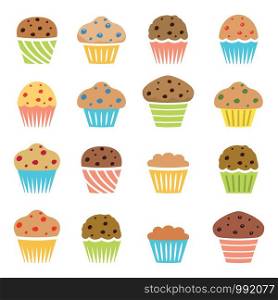 vector flat icons of chocolate chip and fruit muffins isolated on white background, symbols of dessert homemade cakes