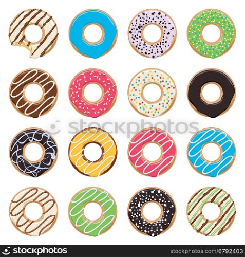 vector flat icons of glazed colorful donuts on white background