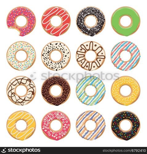 vector flat icons of glazed colorful donuts on white background, one donut is bitten