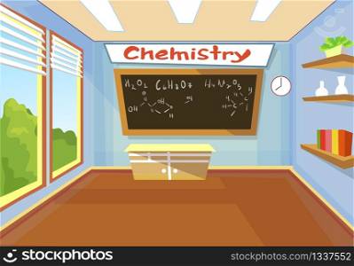 Vector Flat Illustration Chemistry Class Elementary School for Children. School Blackboard Shown Formulas and Compounds. Chemical Elements. Homework. Light and Comfortable Class for Lessons with Kids.