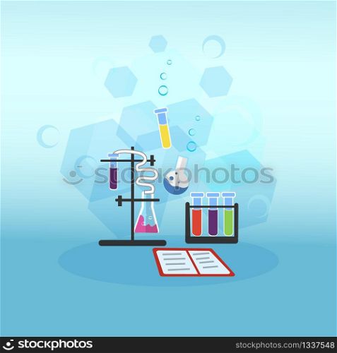 Vector Flat Illustration Chemistry Lesson. Test Tubes and Flasks Different Reagents. Red Book with Records Scientific Conclusions. Several Test Tubes Different Colors. Conducting Research Evidence.