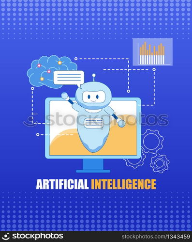 Vector Flat Illustration. Computer Screen Welcomes Chat Bot Artificial Intelligence Helps Solving Complex Problems. High Performance Program Multifunctionality Technology and Innovation Specialist.