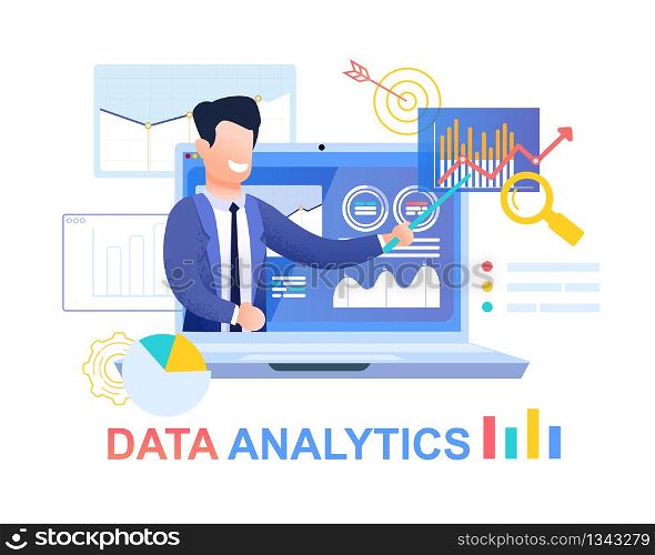 Vector Flat Illustration Data Analytics. Young Businessman in Blue Suit Shows on Red arrow up. Laptop on Screen is Pie Chart and Scale Up. Profit Growth Increase Investment Returns