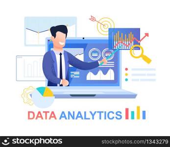 Vector Flat Illustration Data Analytics. Young Businessman in Blue Suit Shows on Red arrow up. Laptop on Screen is Pie Chart and Scale Up. Profit Growth Increase Investment Returns