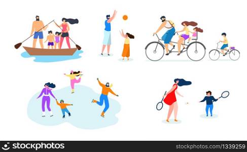 Vector Flat Illustration Family Active Lifestyle. Family on Small Boat Floating River Dad Plays with Daughter Ball. Parents Took Children on Ice Mom and Son Playing Badminton Holding Racket.