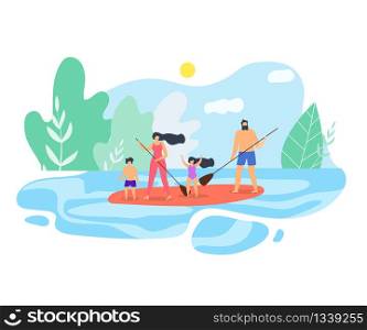 Vector Flat Illustration Family Vacation on Lake. Mom and Dad with Children on Canoe Floating on Water. Blue Sky Green Trees Parents with Oars Weekend Nature Active Recreation Healthy Lifestyle.