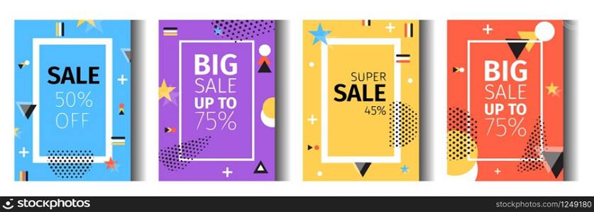 Vector Flat Illustration Geometric Cover Sale 50 Percent Off. Big Sale Up To 75. Super Sale 45 Percent. On Blue Background Scattered Figures Different Sizes and Colors Set Yellow Mesh Gradient