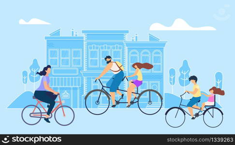 Vector Flat Illustration Girl Riding Bike Work in Morning. Spouses in Tandem go Park Rest Weekend. In Small Town where People are Active Children go School on Bikes. Regularly Play Sports Training.