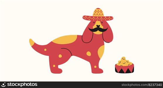 Vector flat illustration of a Mexican dog in sombrerro hat with mustache and a feeder