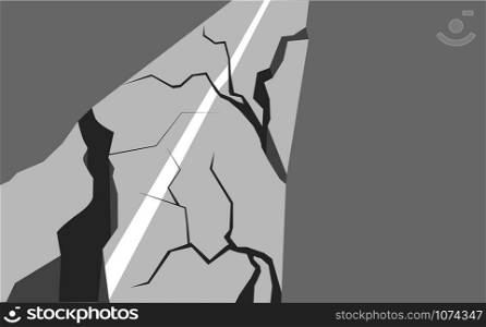 Vector flat illustration of an earthquake damaged road. Splits and cracks. Faults on the pavement. Natural disaster in the city. Modern cataclysm. Object for articles, cards, banners and your design.. Vector flat illustration of an earthquake damaged road. Splits and cracks. Faults on the pavement.