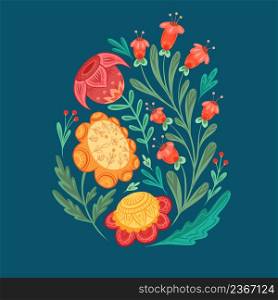 Vector flat illustration of flowers with a folk pattern on a blue background. Floral arrangement with naive ornaments. Nature clipart for postcards and stickers. Vector flat illustration of flowers with a folk pattern on a blue background. Floral arrangement with naive ornaments.
