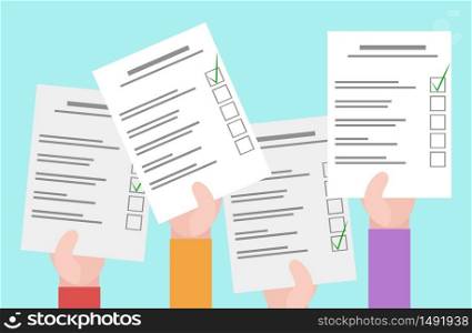 Vector flat illustration of human hands and bulletins. Elections. Vector flat illustration of human hands and bulletins. Election