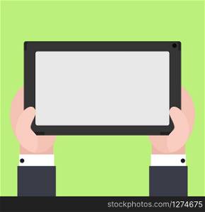 Vector flat illustration of human hands hold electronic tablet in case.. Vector flat illustration of human hands hold electronic tablet i