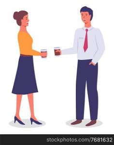 Vector flat illustration of office workers standing holding paper cups with drinks, tea or coffee. Managers have coffee break. Colleagues communicating, talking. Young executive guy and woman talk. Office workers woman and man standing holding paper cups with drinks, coffee break, colleagues