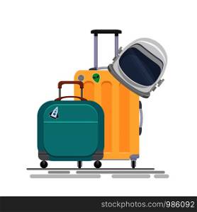 Vector flat illustration of space tourists suitcase with an astronauts helmet and bag . Space family tourism. Illustration for your creativity. Vector flat illustration of space tourists suitcase with an astronauts helmet and bag . Space family tourism.