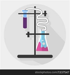 Vector Flat Illustration Scientific Research Conducting Experiments. Tube Blue Substance Flows Flask and Scientific Instrument Turns Red. Chemical Industry Analysis Presence of Necessary Bacteria.