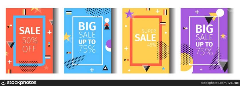Vector Flat Illustration Set Geometric Abstraction. 50 Percent Big sale Up To 75 Percent Super Sell 45. On Yellow Around Flying Different Shapes Dots Asterisk Triangle Plus Sign. Blue Background Mesh.