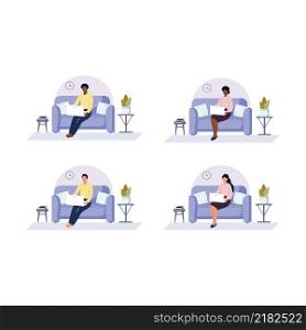Vector flat illustration. Set on the topic work at home remotely online. Distance learning, home office, business illustration.