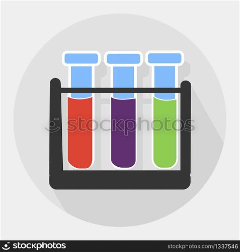 Vector Flat Illustration. Test Tube. Red Blue Green with Reagents. Research Result Scientific Instruments Biology Chemistry Molecular Analysis and Presence Bacteria Virus in Organism.