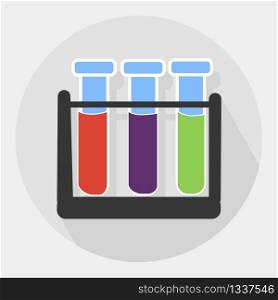Vector Flat Illustration. Test Tube. Red Blue Green with Reagents. Research Result Scientific Instruments Biology Chemistry Molecular Analysis and Presence Bacteria Virus in Organism.