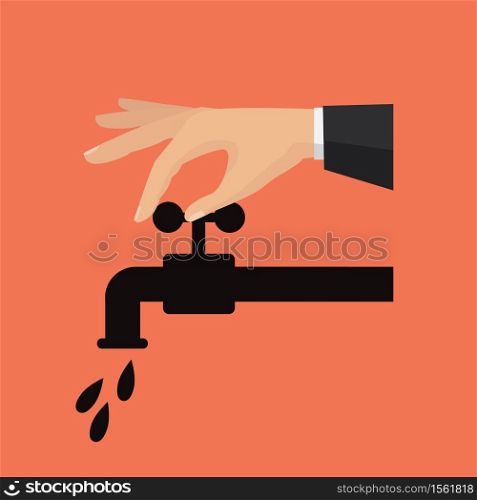 Vector flat illustration. Turn off the water with man&rsquo;s hand isolated on background. Turn off the water with man&rsquo;s hand isolated on background. Vector flat illustration