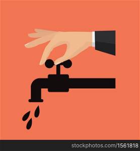 Vector flat illustration. Turn off the water with man&rsquo;s hand isolated on background. Turn off the water with man&rsquo;s hand isolated on background. Vector flat illustration