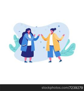 Vector flat illustration two woman friend enjoying conversation isolated on white background. Cartoon casual girl having dialogue people talking outdoor. Vector flat illustration two woman friend enjoying conversation isolated on white background