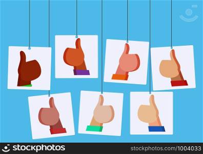 Vector flat illustration with hanging posters with likes. People of different nationalities. Illustration for your creativity. Vector flat illustration with hanging posters with likes.