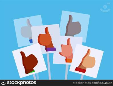 Vector flat illustration with posters with likes. People of different nationalities. Illustration for your creativity. Vector flat illustration with posters with likes.