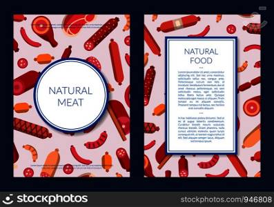 Vector flat meat and sausages icons card or flyer template illustration. Web banner or poster. Vector flat meat and sausages icons card or flyer template illustration