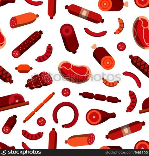 Vector flat meat and sausages icons pattern or background illustration. Seamless pattern sausage and meat food, sirloin and salami. Vector flat meat and sausages icons pattern or background illustration