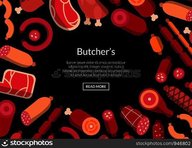 Vector flat meat and sausages icons pattern or background illustration for web page or banner. Vector flat meat and sausages icons pattern or background illustration