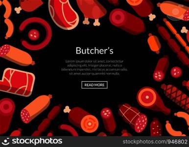 Vector flat meat and sausages icons pattern or background illustration for web page or banner. Vector flat meat and sausages icons pattern or background illustration