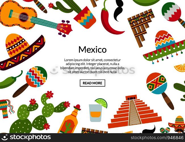 Vector flat Mexico attributes background with place for text illustration. Vector flat Mexico attributes background place for text