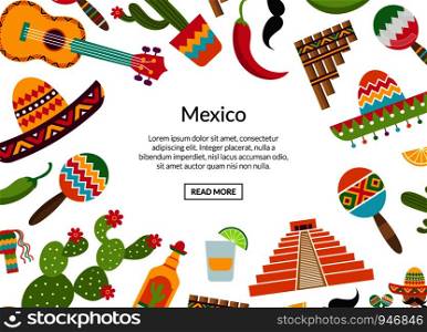 Vector flat Mexico attributes background with place for text illustration. Vector flat Mexico attributes background place for text