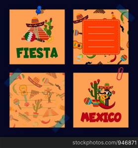 Vector flat Mexico attributes cute note cards of set illustration. Vector flat Mexico note cards of set
